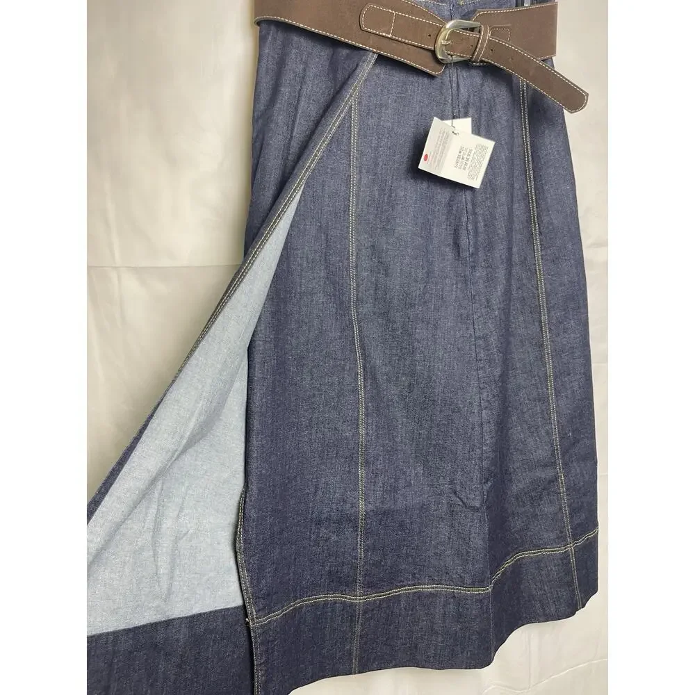Zara Denim Midi Skirt Semi Wrap Belted Blue Contrast Stitch NWT Size M - Picture 2 of 10